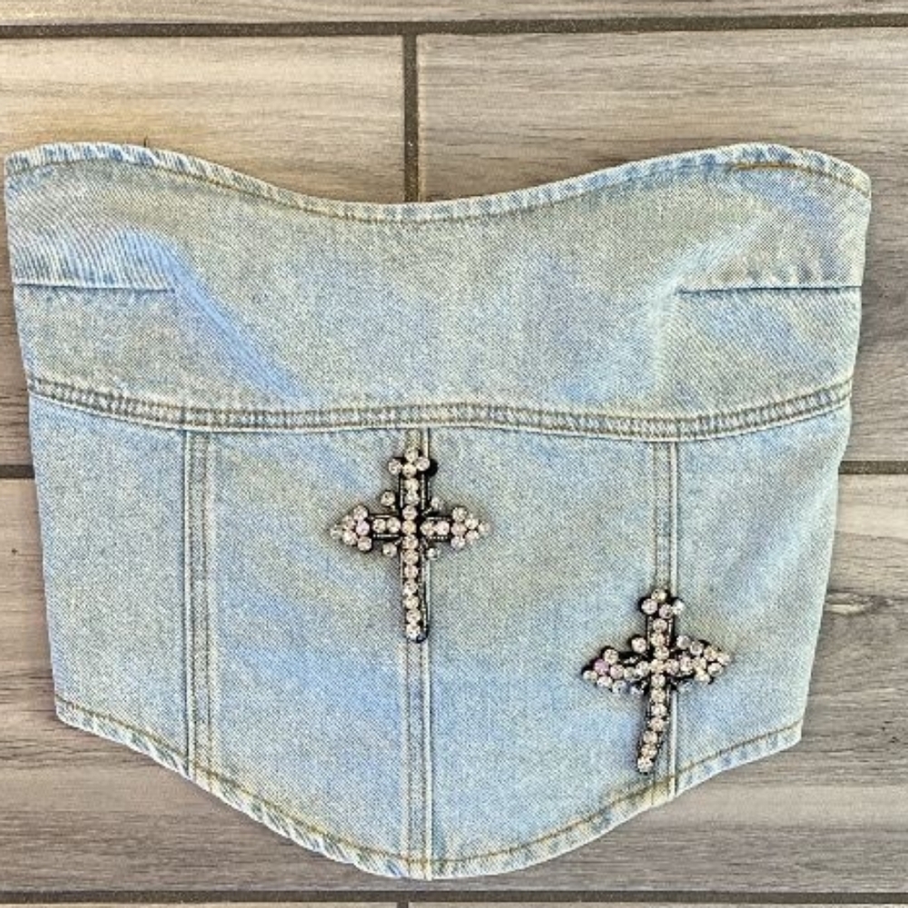 Light Blue Denim Strapless Corset Top with Crystal Cross Embellishments